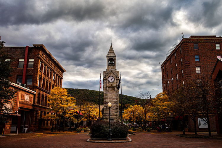 A town square in autumn